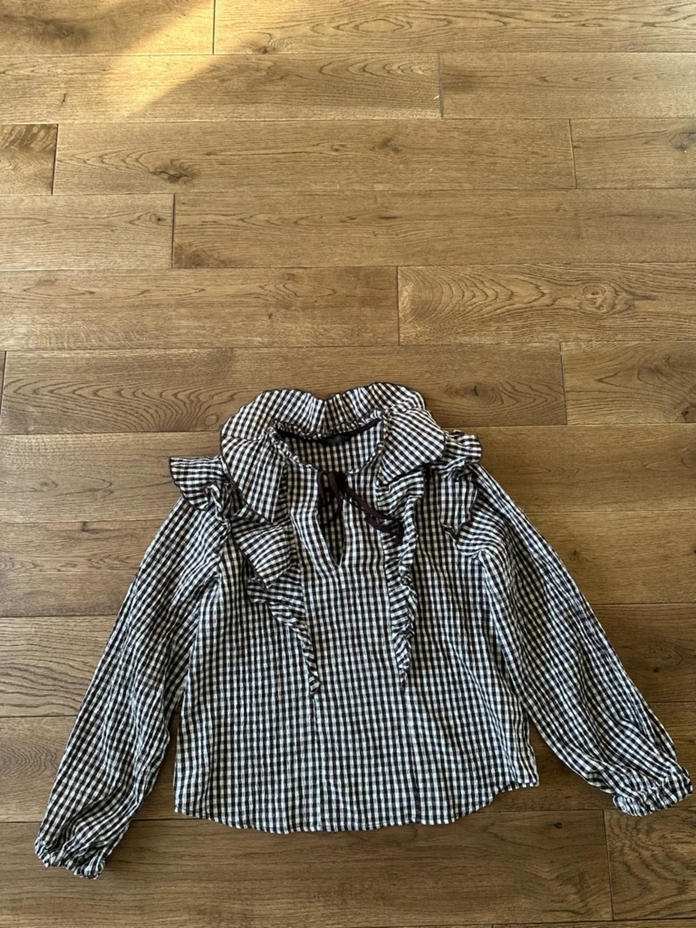 Zara Brown White Gingham Ruffle Shirt Top Sz S - Picture 8 of 14